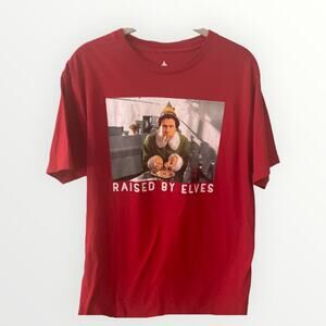 Elf Christmas 'Raised by Elves'  graphic tee shirt Sz L euc